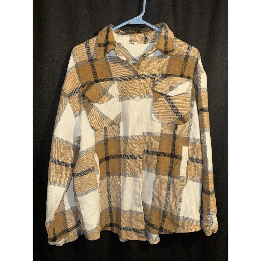 Women's Large Plaid Shacket Jacket Camel Cream Black Oversized Flannel Coat